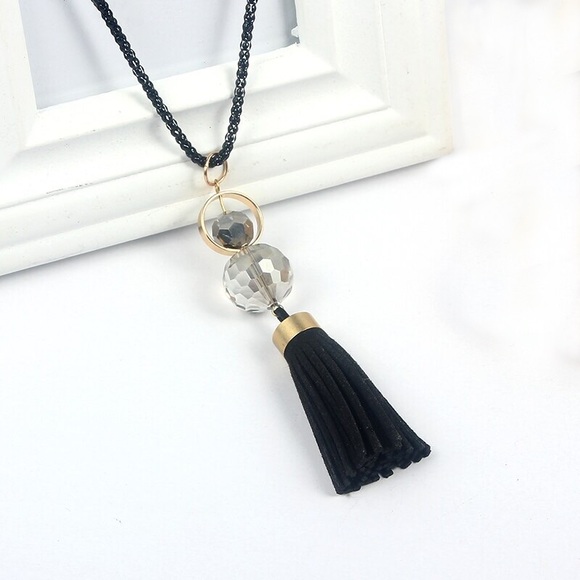 Chic Clear Sphere Long Black and Gold Tassel Necklace - Picture 4 of 11